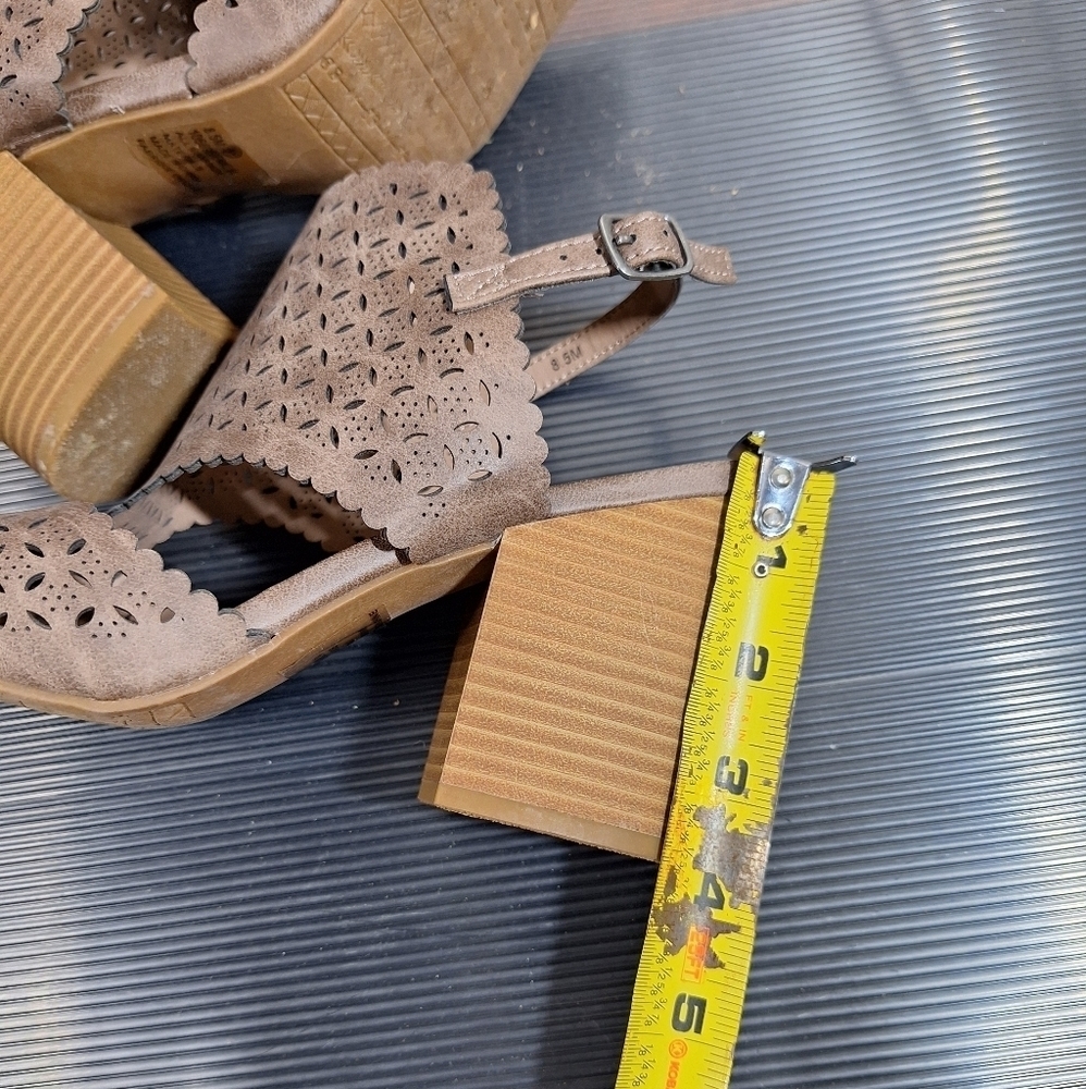 Maurices Taupe Boho Cut Out Scalloped Open Toe Slingback Stacked Heel Sandals - Picture 15 of 16